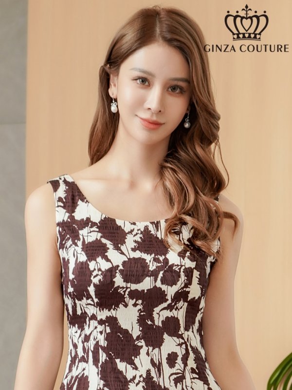 画像4: [送料無料][GINZA COUTURE]ベージュ×ブラウン・花柄・プリント・ノースリーブ・Aライン・ミディアムドレス・ワンピース[即日発送][大きいサイズあり] (4)