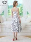 画像3: [送料無料][GINZA COUTURE]ホワイト×ブラック・フラワープリント・バイカラー・ノースリーブ・フレア・Aライン・ミディアムドレス・ワンピース[即日発送][大きいサイズあり] (3)