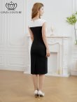 画像3: [送料無料][GINZA COUTURE]ホワイト×ブラック・バイカラー・バストギャザー・Vネック・バックスリット・ストレッチ・シンプル・ノースリーブ・タイト・膝丈・ミディアムドレス・ワンピース[即日発送][大きいサイズあり] (3)
