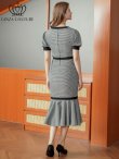 画像3: [送料無料][GINZA COUTURE]ブラック×ホワイト・千鳥格子柄・パフスリーブ・半袖・タイト・マーメイド・ミディアムドレス・ワンピース[即日発送][大きいサイズあり] (3)