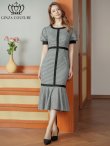 画像5: [送料無料][GINZA COUTURE]ブラック×ホワイト・千鳥格子柄・パフスリーブ・半袖・タイト・マーメイド・ミディアムドレス・ワンピース[即日発送][大きいサイズあり] (5)