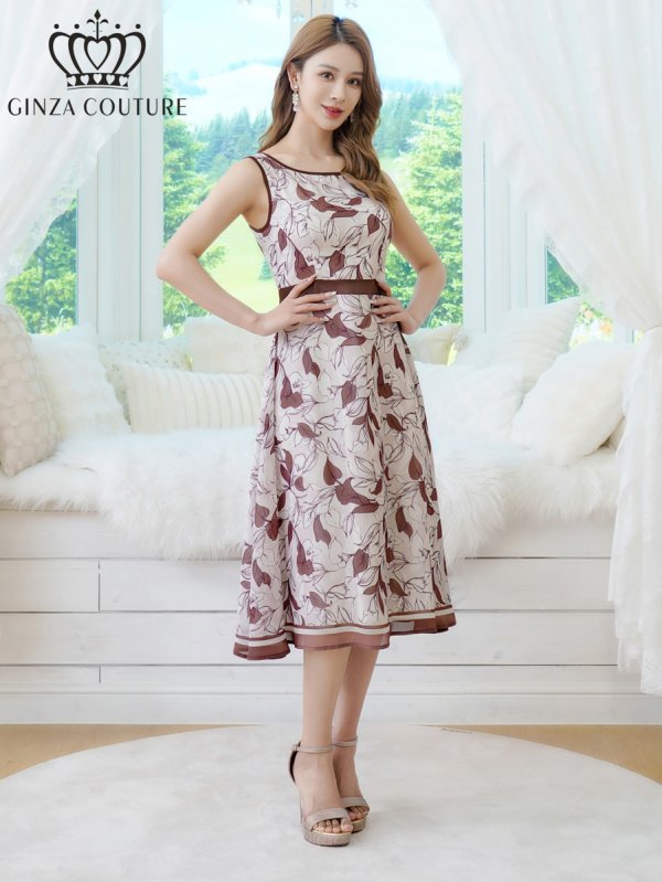 画像1: [送料無料][GINZA COUTURE]ホワイト×ブラウン・シフォン・プリント・切替・Aライン・ノースリーブ・ミディアムドレス・ワンピース[即日発送][大きいサイズあり] (1)