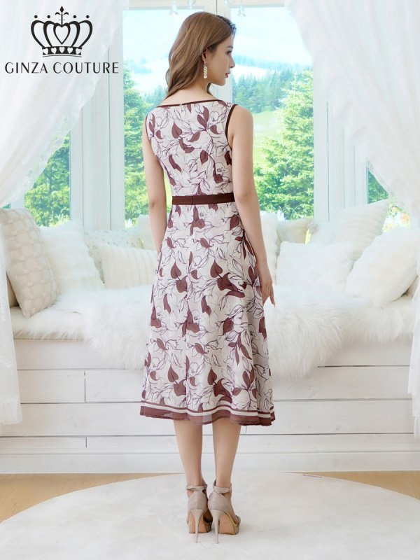 画像3: [送料無料][GINZA COUTURE]ホワイト×ブラウン・シフォン・プリント・切替・Aライン・ノースリーブ・ミディアムドレス・ワンピース[即日発送][大きいサイズあり] (3)