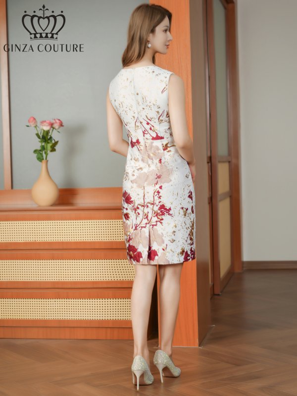 画像9: [送料無料][GINZA COUTURE]ホワイト×グリーン・ホワイト×レッド・ジャガード・花柄・金糸・ノースリーブ・タイト・ミディアムドレス・ワンピース[即日発送][大きいサイズあり] (9)