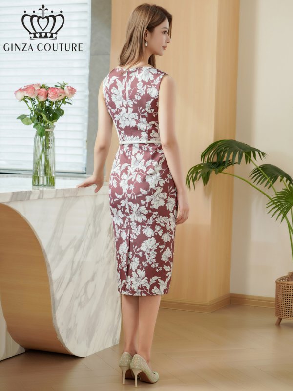 画像3: [送料無料][GINZA COUTURE]ブラウン×ホワイト・花柄・サテン・プリント・ボートネック・ノースリーブ・ベルト・タイト・ミディアムドレス・ワンピース[即日発送][大きいサイズあり] (3)