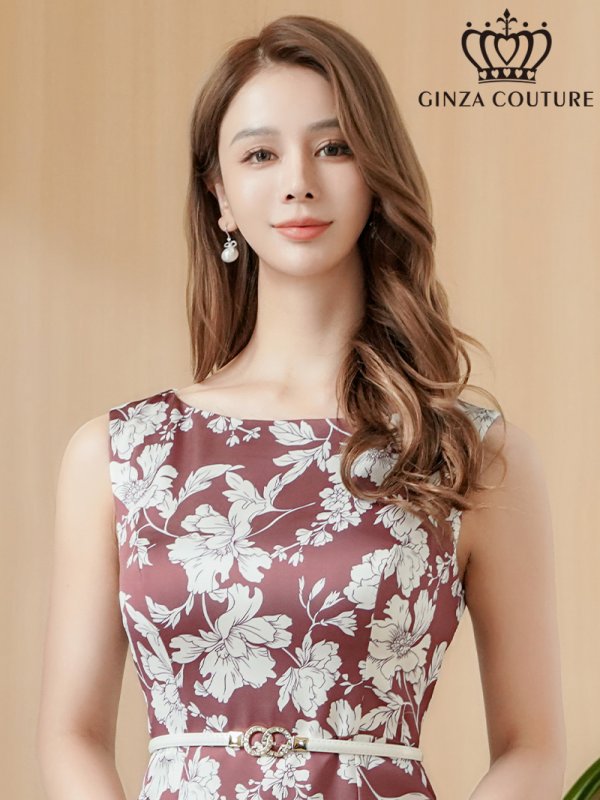 画像4: [送料無料][GINZA COUTURE]ブラウン×ホワイト・花柄・サテン・プリント・ボートネック・ノースリーブ・ベルト・タイト・ミディアムドレス・ワンピース[即日発送][大きいサイズあり] (4)