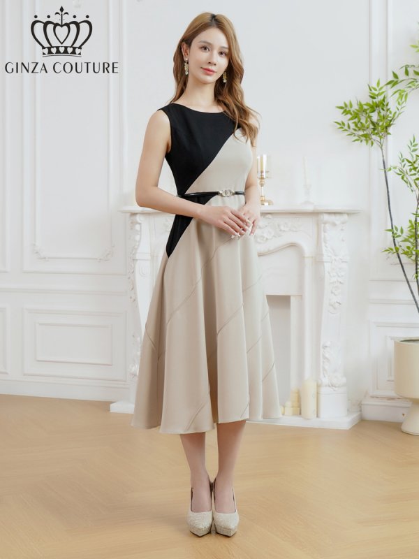 画像2: [送料無料][GINZA COUTURE]ブラック×ベージュ・バイカラー・ノースリーブ・切替・ベルト付き・アシンメトリー・Aライン・ミディアムドレス・ワンピース[即日発送][大きいサイズあり] (2)