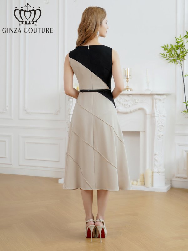 画像3: [送料無料][GINZA COUTURE]ブラック×ベージュ・バイカラー・ノースリーブ・切替・ベルト付き・アシンメトリー・Aライン・ミディアムドレス・ワンピース[即日発送][大きいサイズあり] (3)