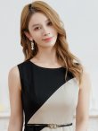 画像4: [送料無料][GINZA COUTURE]ブラック×ベージュ・バイカラー・ノースリーブ・切替・ベルト付き・アシンメトリー・Aライン・ミディアムドレス・ワンピース[即日発送][大きいサイズあり] (4)
