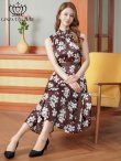 画像1: [送料無料][GINZA COUTURE]ブラウン×ホワイト・花柄・プリント・ハイネック・ベルト・Aライン・ミディアムドレス・ワンピース[即日発送][大きいサイズあり] (1)