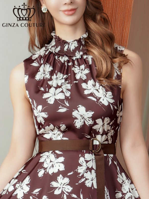 画像4: [送料無料][GINZA COUTURE]ブラウン×ホワイト・花柄・プリント・ハイネック・ベルト・Aライン・ミディアムドレス・ワンピース[即日発送][大きいサイズあり] (4)