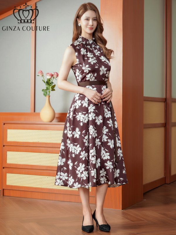 画像5: [送料無料][GINZA COUTURE]ブラウン×ホワイト・花柄・プリント・ハイネック・ベルト・Aライン・ミディアムドレス・ワンピース[即日発送][大きいサイズあり] (5)