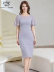 画像13: [送料無料][GINZA COUTURE]ロイヤルブルー・オレンジ・グレー・ワンカラー・シンプル・スクープネック・袖付き・半袖・膝丈・無地・タイト・ミディアムドレス・ワンピース[即日発送][大きいサイズあり] (13)