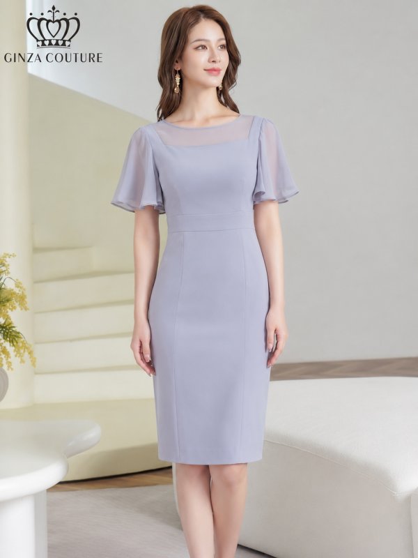 画像14: [送料無料][GINZA COUTURE]ロイヤルブルー・オレンジ・グレー・ワンカラー・シンプル・スクープネック・袖付き・半袖・膝丈・無地・タイト・ミディアムドレス・ワンピース[即日発送][大きいサイズあり] (14)