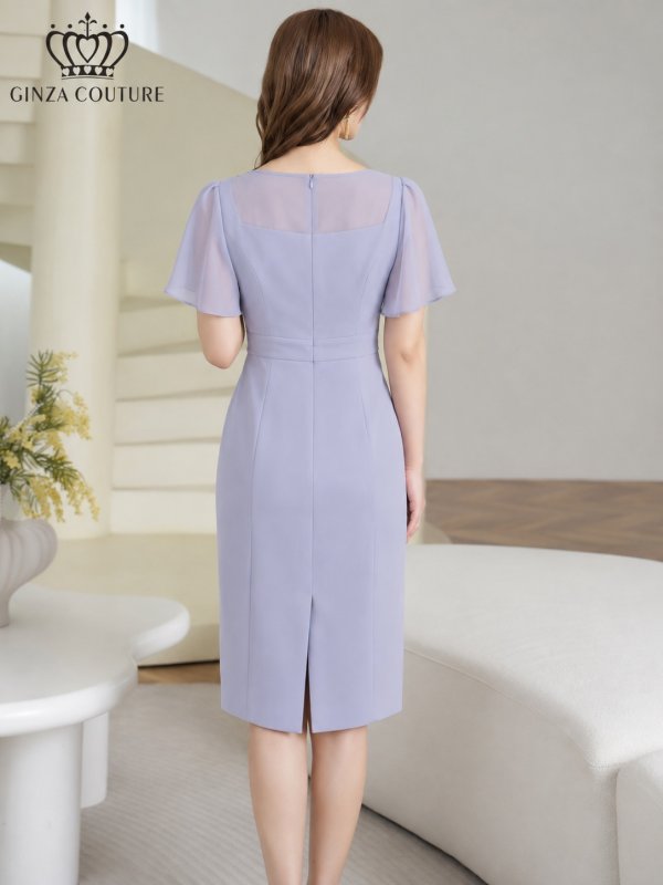 画像15: [送料無料][GINZA COUTURE]ロイヤルブルー・オレンジ・グレー・ワンカラー・シンプル・スクープネック・袖付き・半袖・膝丈・無地・タイト・ミディアムドレス・ワンピース[即日発送][大きいサイズあり] (15)