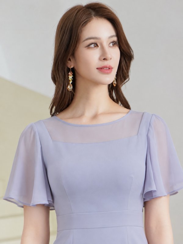 画像16: [送料無料][GINZA COUTURE]ロイヤルブルー・オレンジ・グレー・ワンカラー・シンプル・スクープネック・袖付き・半袖・膝丈・無地・タイト・ミディアムドレス・ワンピース[即日発送][大きいサイズあり] (16)