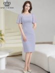 画像17: [送料無料][GINZA COUTURE]ロイヤルブルー・オレンジ・グレー・ワンカラー・シンプル・スクープネック・袖付き・半袖・膝丈・無地・タイト・ミディアムドレス・ワンピース[即日発送][大きいサイズあり] (17)