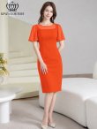画像11: [送料無料][GINZA COUTURE]ロイヤルブルー・オレンジ・グレー・ワンカラー・シンプル・スクープネック・袖付き・半袖・膝丈・無地・タイト・ミディアムドレス・ワンピース[即日発送][大きいサイズあり] (11)