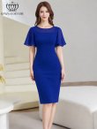 画像6: [送料無料][GINZA COUTURE]ロイヤルブルー・オレンジ・グレー・ワンカラー・シンプル・スクープネック・袖付き・半袖・膝丈・無地・タイト・ミディアムドレス・ワンピース[即日発送][大きいサイズあり] (6)
