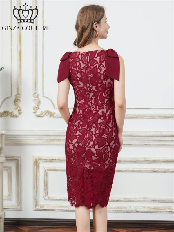 画像3: [送料無料][GINZA COUTURE]レッド・総レース・肩リボン・ノースリーブ・タイト・ミディアムドレス・ワンピース[即日発送][大きいサイズあり] (3)