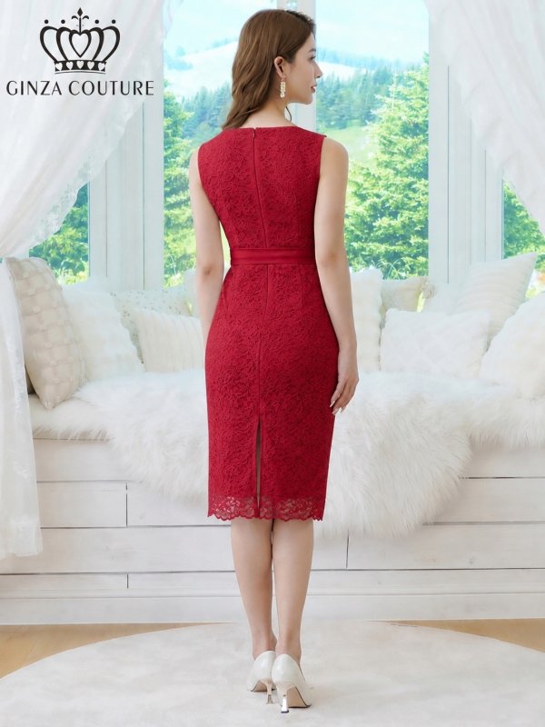 画像3: [送料無料][GINZA COUTURE]レッド・ホワイト・アイボリー・総レース・ウエストリボン・ノースリーブ・タイト・膝丈・ミディアムドレス・ワンピース[即日発送][大きいサイズあり] (3)