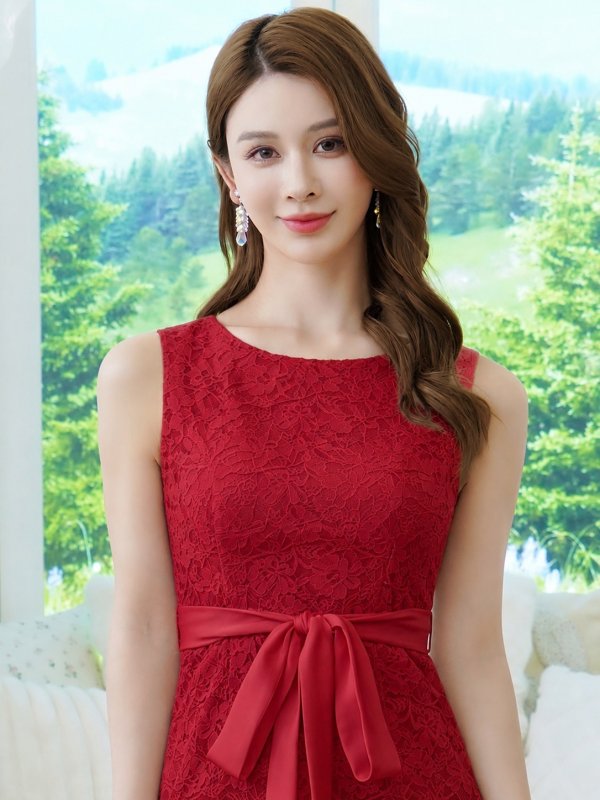 画像4: [送料無料][GINZA COUTURE]レッド・ホワイト・アイボリー・総レース・ウエストリボン・ノースリーブ・タイト・膝丈・ミディアムドレス・ワンピース[即日発送][大きいサイズあり] (4)