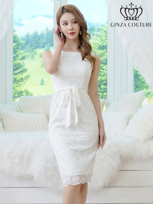 画像1: [送料無料][GINZA COUTURE]ホワイト・レッド・アイボリー・総レース・ウエストリボン・ノースリーブ・タイト・膝丈・ミディアムドレス・ワンピース[即日発送][大きいサイズあり] (1)