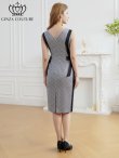 画像3: [送料無料][GINZA COUTURE]ブラック×ホワイト・バイカラー・総柄・リボン・ひざ丈・Vネック・ノースリーブ・タイト・ミディアムドレス・ワンピース[即日発送][大きいサイズあり] (3)