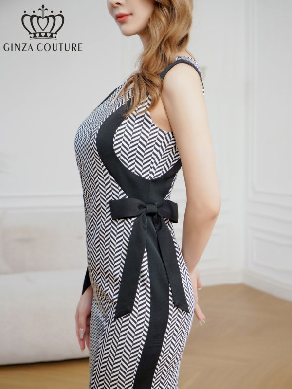 画像4: [送料無料][GINZA COUTURE]ブラック×ホワイト・バイカラー・総柄・リボン・ひざ丈・Vネック・ノースリーブ・タイト・ミディアムドレス・ワンピース[即日発送][大きいサイズあり] (4)
