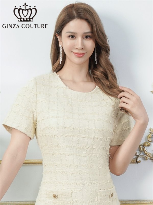 画像4: [送料無料][GINZA COUTURE]アイボリー・ツイード・ポケット・金ボタン・パールブローチ付き・半袖・Aライ・ミニドレス・ワンピース[即日発送][大きいサイズあり] (4)