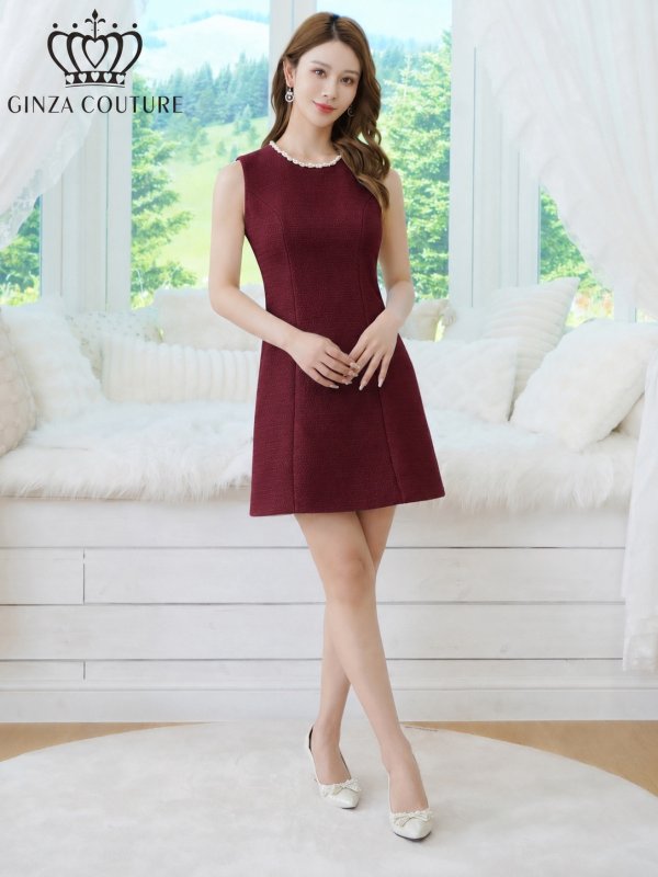 画像5: [送料無料][GINZA COUTURE]ワインレッド・ホワイト・ピンク・ベージュ・ワンカラー・ツイード・ノースリーブ・シンプル・Aライン・ミニドレス・ワンピース[即日発送][大きいサイズあり] (5)