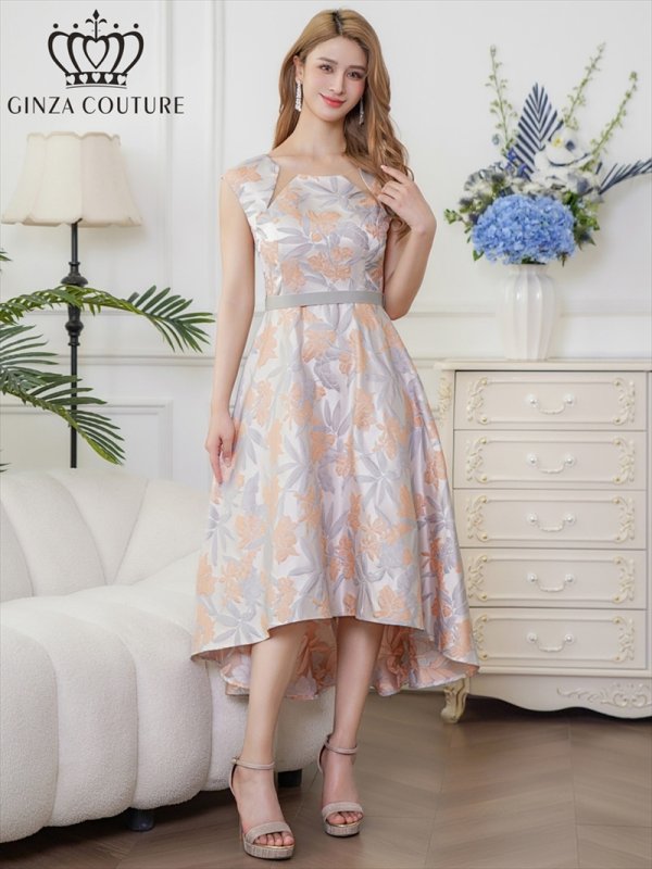 画像1: [送料無料][GINZA COUTURE]グレー×オレンジ・ノースリーブ・カットアウト・花柄・ジャガード・フィッシュテール・Aライン・ミディアムドレス・ワンピース[即日発送][大きいサイズあり] (1)