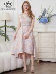 画像2: [送料無料][GINZA COUTURE]グレー×オレンジ・ノースリーブ・カットアウト・花柄・ジャガード・フィッシュテール・Aライン・ミディアムドレス・ワンピース[即日発送][大きいサイズあり] (2)