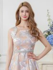 画像4: [送料無料][GINZA COUTURE]グレー×オレンジ・ノースリーブ・カットアウト・花柄・ジャガード・フィッシュテール・Aライン・ミディアムドレス・ワンピース[即日発送][大きいサイズあり] (4)