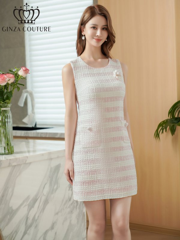 画像2: [送料無料][GINZA COUTURE]ホワイト×ピンク・ホワイト・ボーダー・ツイード・スパンコールMIX・お花ブローチ・ポケット・パイピング・タイト・ミニドレス・ワンピース[即日発送][大きいサイズあり] (2)