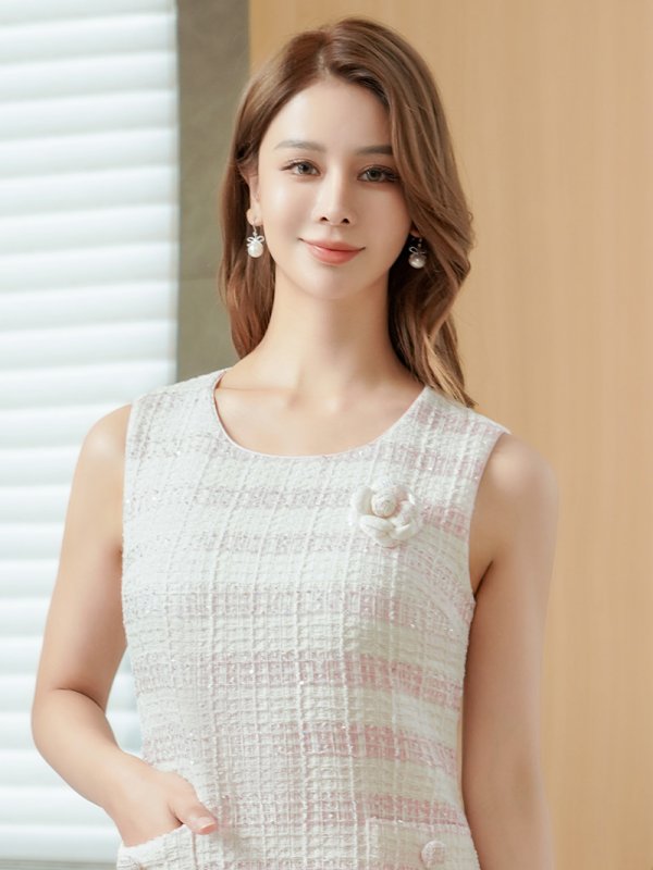 画像4: [送料無料][GINZA COUTURE]ホワイト×ピンク・ホワイト・ボーダー・ツイード・スパンコールMIX・お花ブローチ・ポケット・パイピング・タイト・ミニドレス・ワンピース[即日発送][大きいサイズあり] (4)