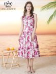 画像1: [送料無料][GINZA COUTURE]ホワイト×ピンク・花柄・プリント・ノースリーブ・Aライン・フレア・ミディアムドレス・ワンピース[即日発送][大きいサイズあり] (1)