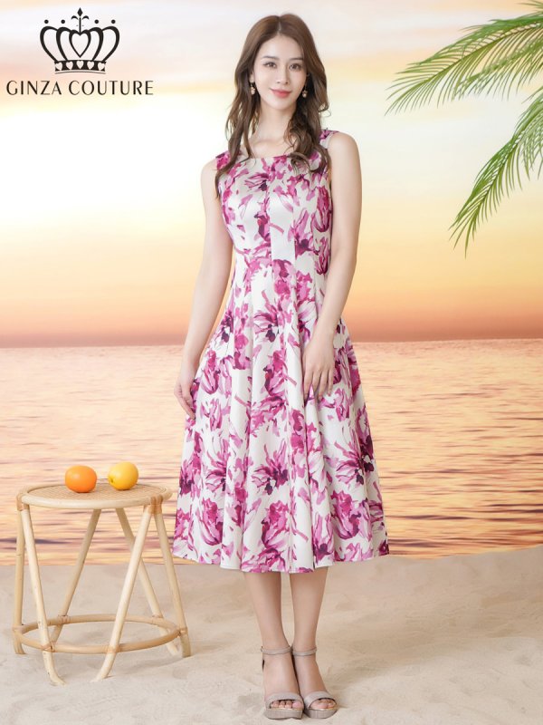 画像1: [送料無料][GINZA COUTURE]ホワイト×ピンク・花柄・プリント・ノースリーブ・Aライン・フレア・ミディアムドレス・ワンピース[即日発送][大きいサイズあり] (1)