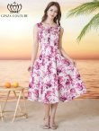 画像2: [送料無料][GINZA COUTURE]ホワイト×ピンク・花柄・プリント・ノースリーブ・Aライン・フレア・ミディアムドレス・ワンピース[即日発送][大きいサイズあり] (2)