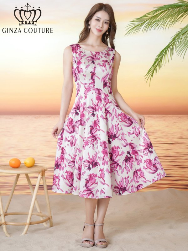 画像2: [送料無料][GINZA COUTURE]ホワイト×ピンク・花柄・プリント・ノースリーブ・Aライン・フレア・ミディアムドレス・ワンピース[即日発送][大きいサイズあり] (2)