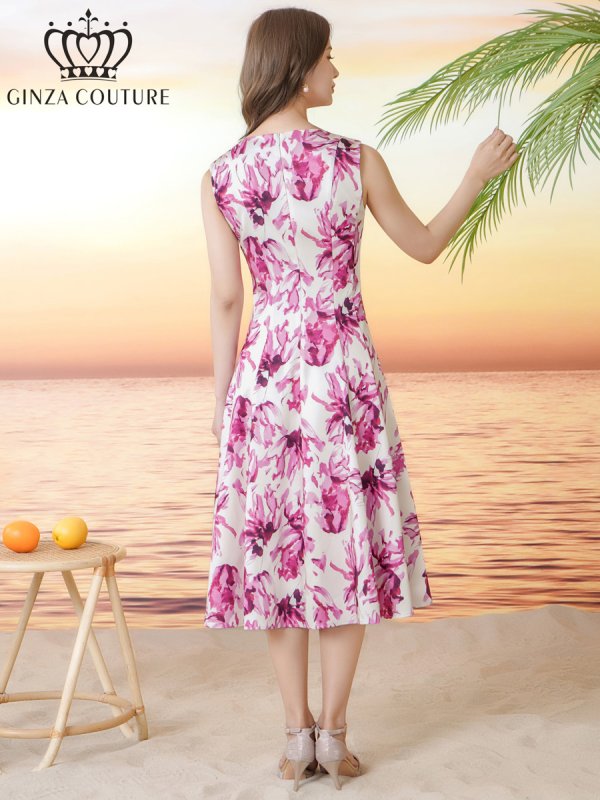 画像3: [送料無料][GINZA COUTURE]ホワイト×ピンク・花柄・プリント・ノースリーブ・Aライン・フレア・ミディアムドレス・ワンピース[即日発送][大きいサイズあり] (3)