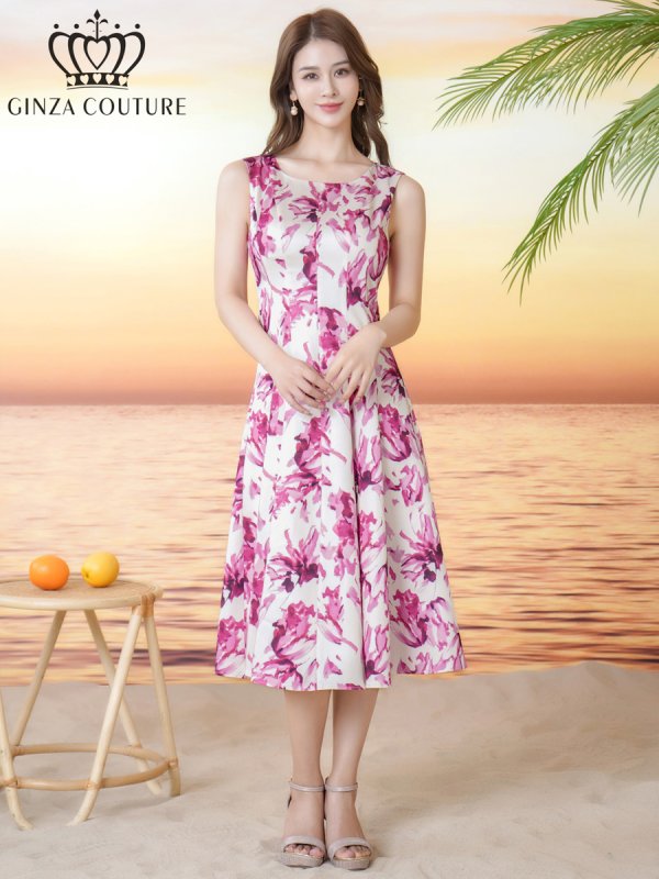 画像5: [送料無料][GINZA COUTURE]ホワイト×ピンク・花柄・プリント・ノースリーブ・Aライン・フレア・ミディアムドレス・ワンピース[即日発送][大きいサイズあり] (5)