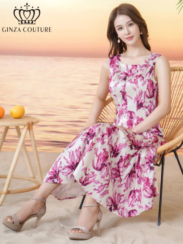 画像6: [送料無料][GINZA COUTURE]ホワイト×ピンク・花柄・プリント・ノースリーブ・Aライン・フレア・ミディアムドレス・ワンピース[即日発送][大きいサイズあり] (6)