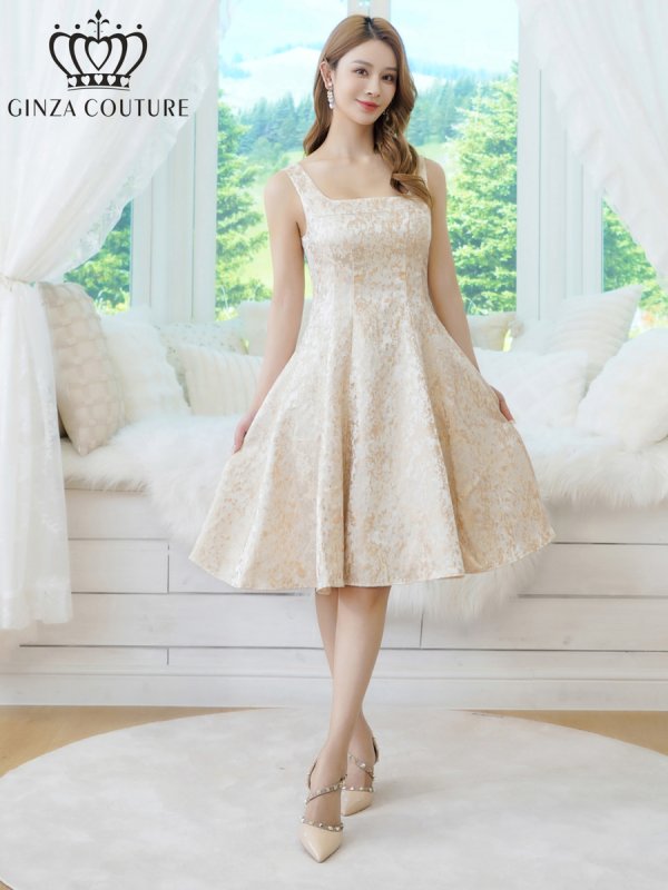画像1: [送料無料][GINZA COUTURE]ベージュ×ゴールド・ジャガード・シンプル・スクエアネック・ノースリーブ・膝丈・フレア・Aライン・ミディアムドレス・ワンピース[即日発送][大きいサイズあり] (1)