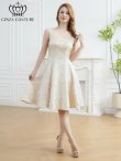 画像5: [送料無料][GINZA COUTURE]ベージュ×ゴールド・ジャガード・シンプル・スクエアネック・ノースリーブ・膝丈・フレア・Aライン・ミディアムドレス・ワンピース[即日発送][大きいサイズあり] (5)