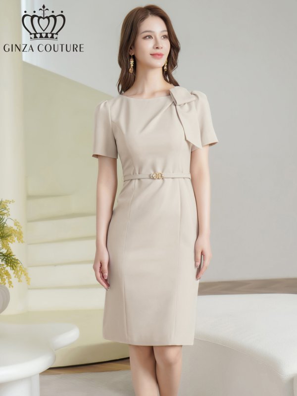 画像2: [送料無料][GINZA COUTURE]ベージュ・ネイビー・ワンカラー・シンプル・半袖・ベルト付き・タイト・膝丈・ミディアムドレス・ワンピース[即日発送][大きいサイズあり] (2)