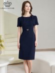 画像7: [送料無料][GINZA COUTURE]ベージュ・ネイビー・ワンカラー・シンプル・半袖・ベルト付き・タイト・膝丈・ミディアムドレス・ワンピース[即日発送][大きいサイズあり] (7)