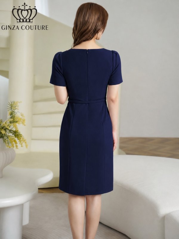 画像3: [送料無料][GINZA COUTURE]ネイビー・ベージュ・ワンカラー・シンプル・半袖・ベルト付き・タイト・膝丈・ミディアムドレス・ワンピース[即日発送][大きいサイズあり] (3)