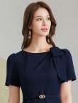 画像4: [送料無料][GINZA COUTURE]ネイビー・ベージュ・ワンカラー・シンプル・半袖・ベルト付き・タイト・膝丈・ミディアムドレス・ワンピース[即日発送][大きいサイズあり] (4)