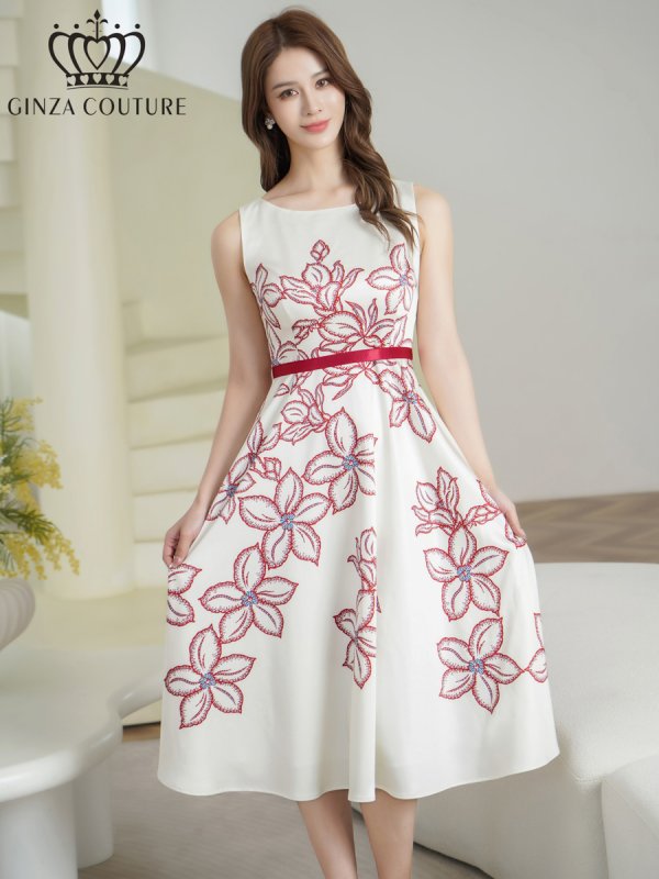 画像1: [送料無料][GINZA COUTURE]ホワイト×レッド・花柄・プリント・ベルト・ノースリーブ・Aライン・フレア・ミディアムドレス・ワンピース[即日発送][大きいサイズあり] (1)
